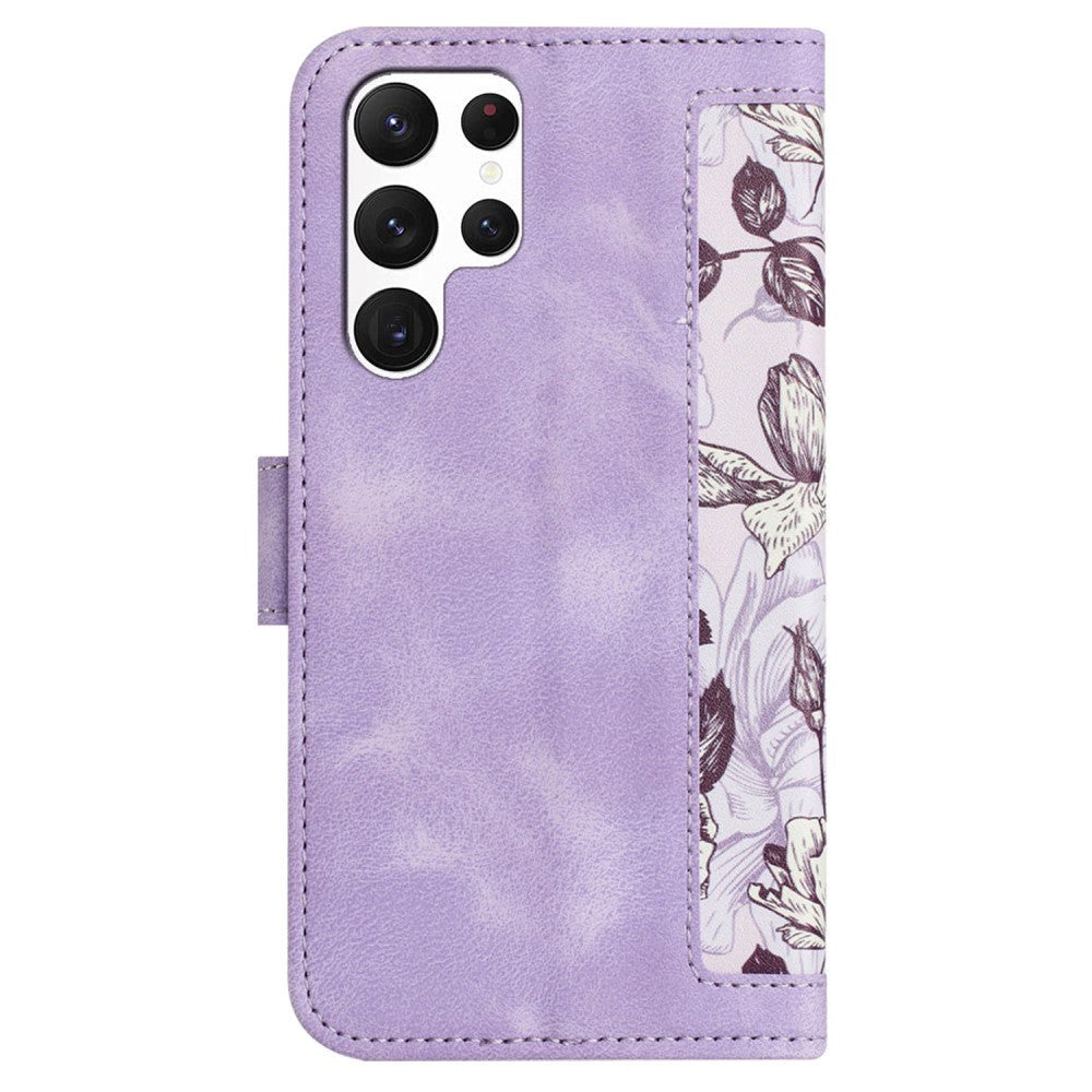 Samsung Galaxy S24 Ultra Læder Mobil Cover m. Pung & Strop - Lilla m. Blomster og Sommerfugl