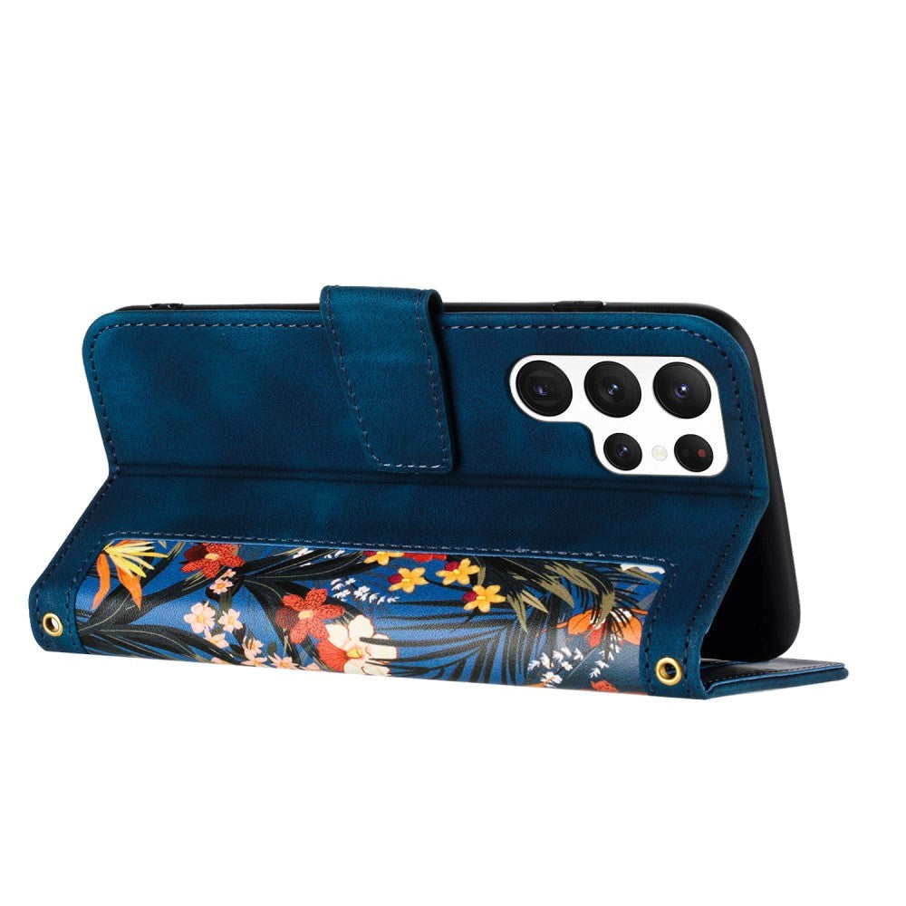 Samsung Galaxy S24 Ultra Læder Mobil Cover m. Pung & Strop - Mørkeblå m. Blomster
