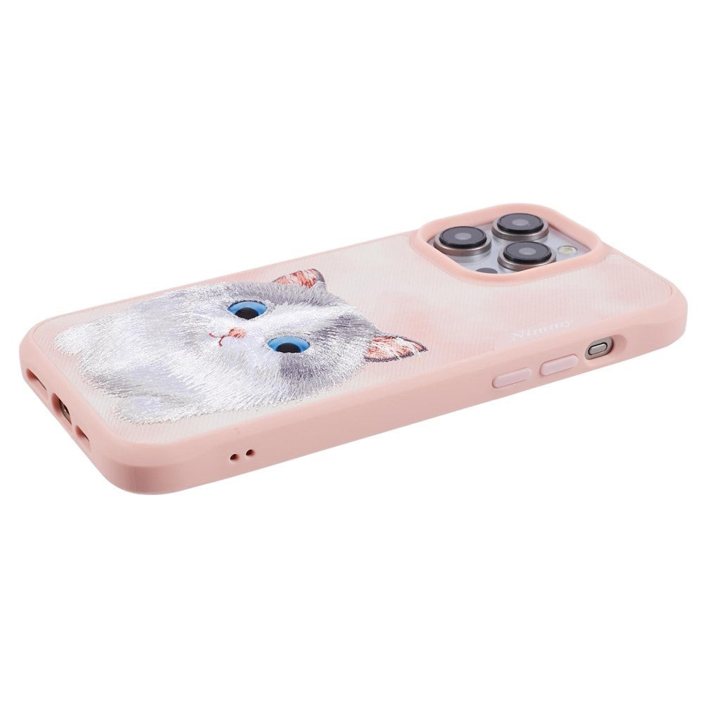 iPhone 15 Pro Hybrid Mobil Cover m. Dyremotiv & Brodering - Grå Kat