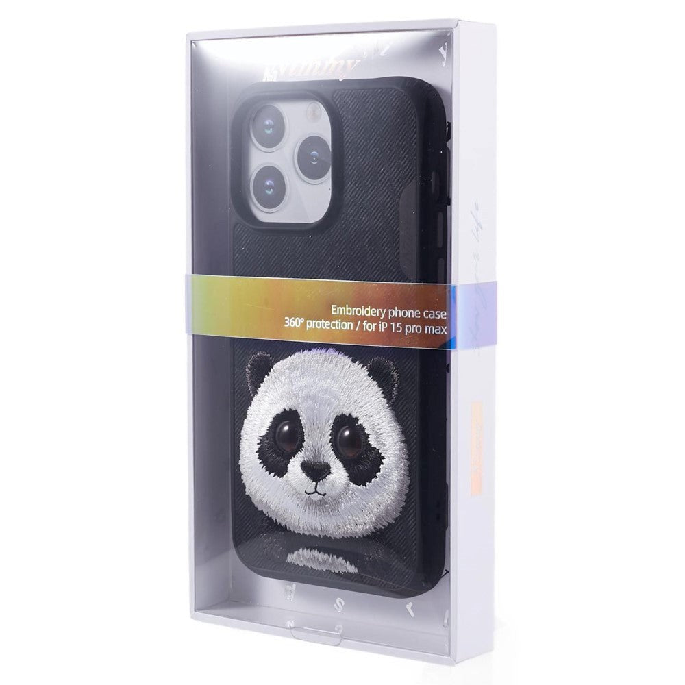 iPhone 15 Pro Hybrid Mobil Cover m. Dyremotiv & Brodering - Panda