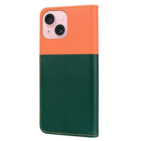 iPhone 15 Flip Mobil Cover m. Strop / Ståfunktion / Kortholder - Orange / Grøn (Katte)