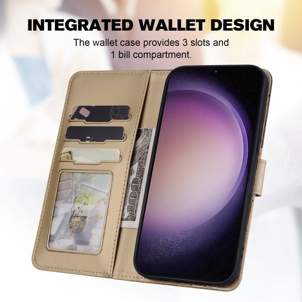 Samsung Galaxy S24 Flip Mobil Cover m. Strop / Ståfunktion / Kortholder - Blå / Brun (Katte)