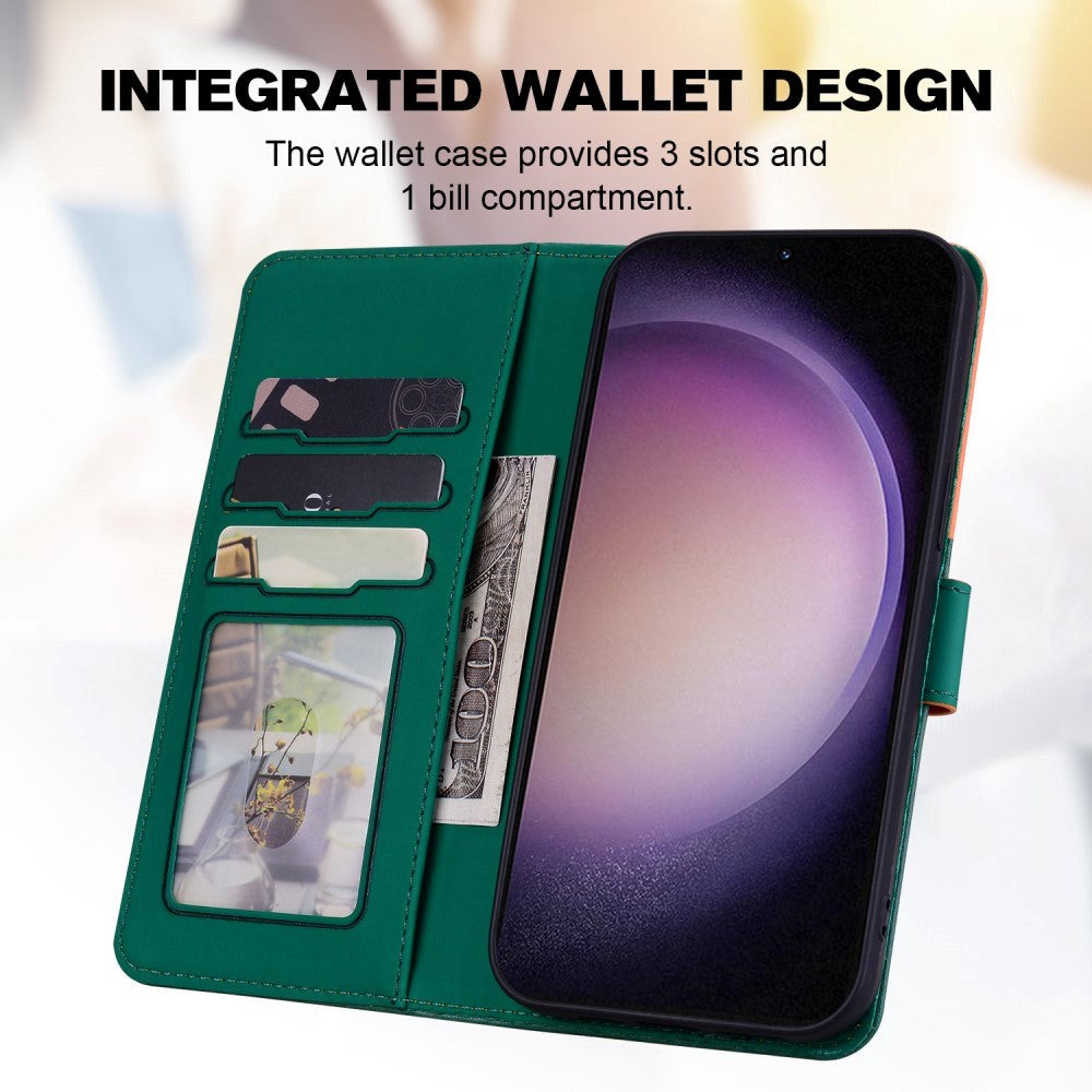 Samsung Galaxy S24 Flip Mobil Cover m. Strop / Ståfunktion / Kortholder - Orange / Grøn (Katte)