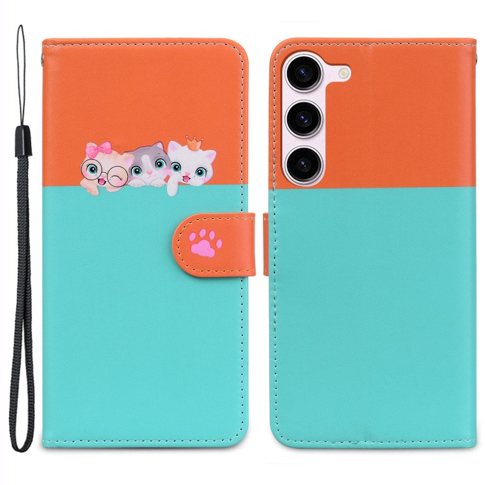 Samsung Galaxy S24+ (Plus) Flip Mobil Cover m. Strop / Ståfunktion / Kortholder - Orange / Blå (Katte)