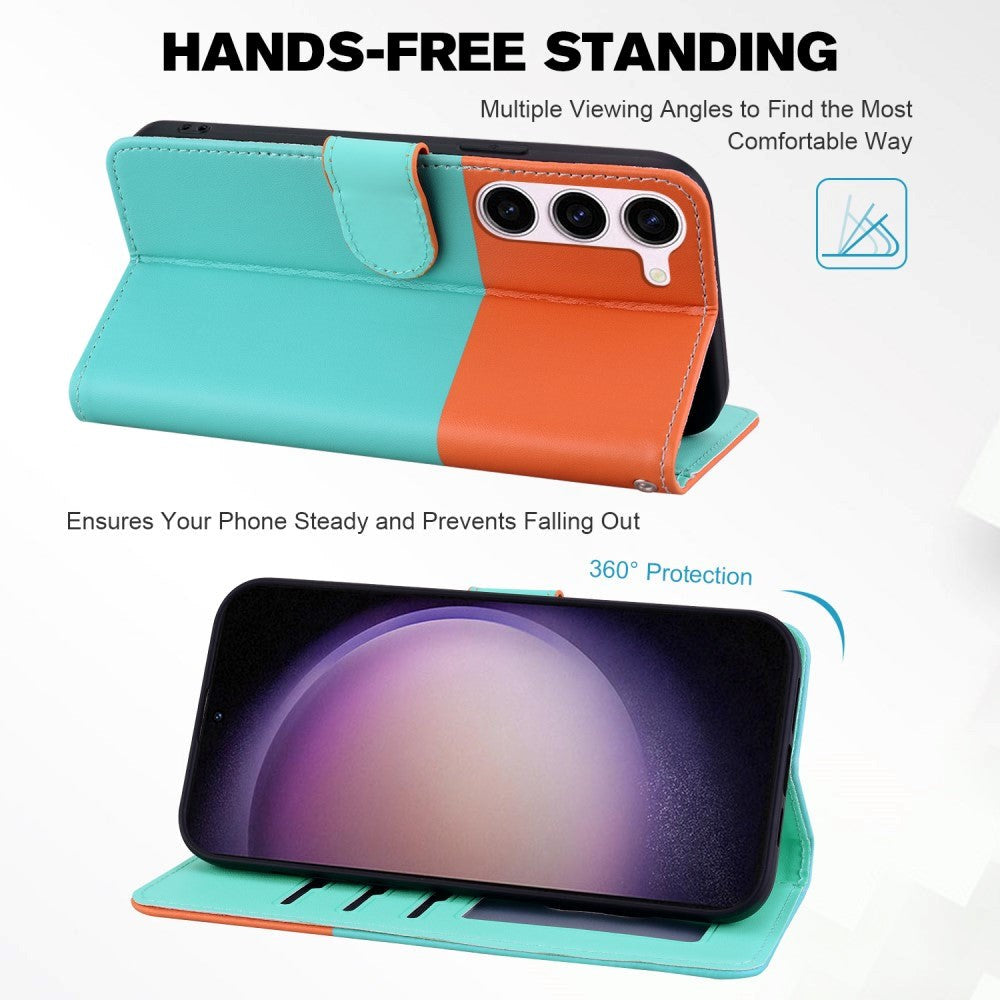 Samsung Galaxy S24+ (Plus) Flip Mobil Cover m. Strop / Ståfunktion / Kortholder - Orange / Blå (Katte)