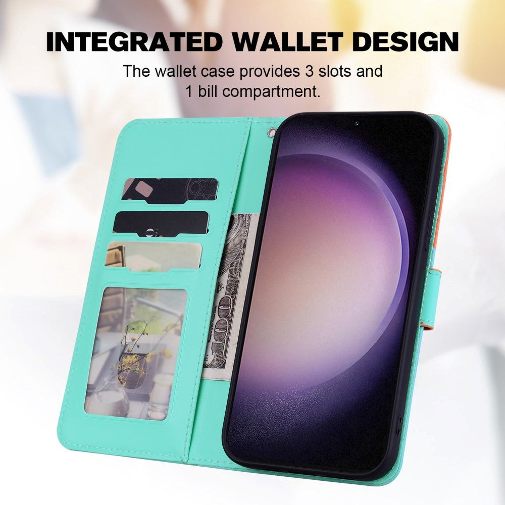 Samsung Galaxy S24+ (Plus) Flip Mobil Cover m. Strop / Ståfunktion / Kortholder - Orange / Blå (Katte)