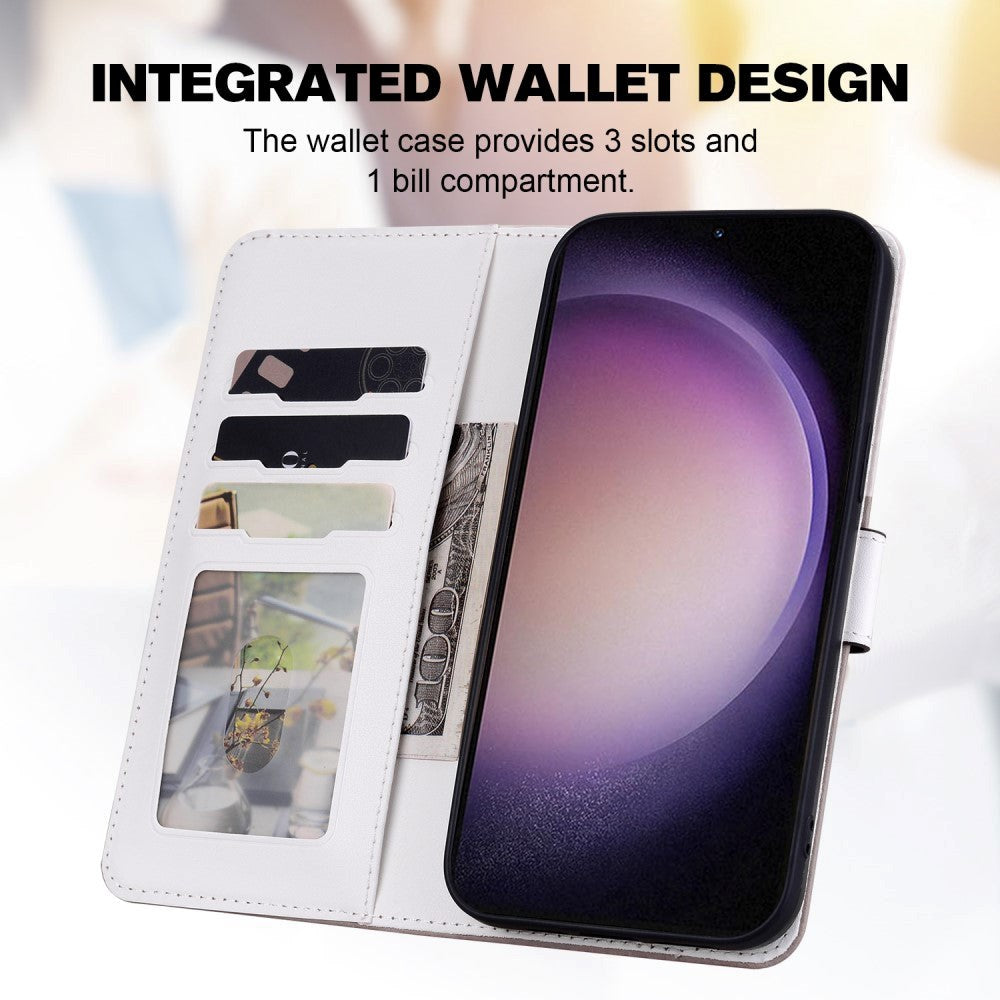 Samsung Galaxy S24+ (Plus) Flip Mobil Cover m. Strop / Ståfunktion / Kortholder - Hvid / Brun (Katte)