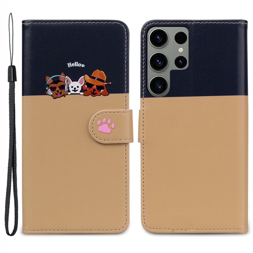 Samsung Galaxy S24 Ultra Flip Mobil Cover m. Strop / Ståfunktion / Kortholder - Blå / Brun (Katte)