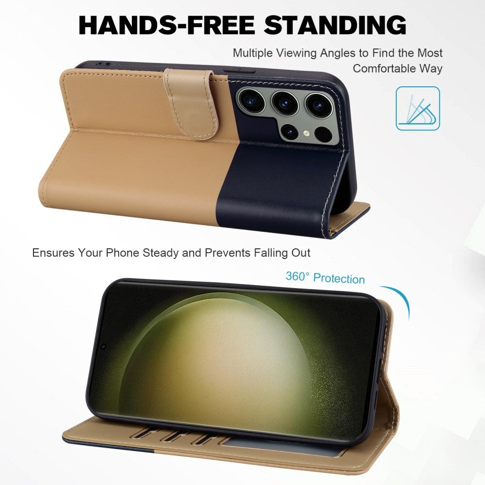 Samsung Galaxy S24 Ultra Flip Mobil Cover m. Strop / Ståfunktion / Kortholder - Blå / Brun (Katte)
