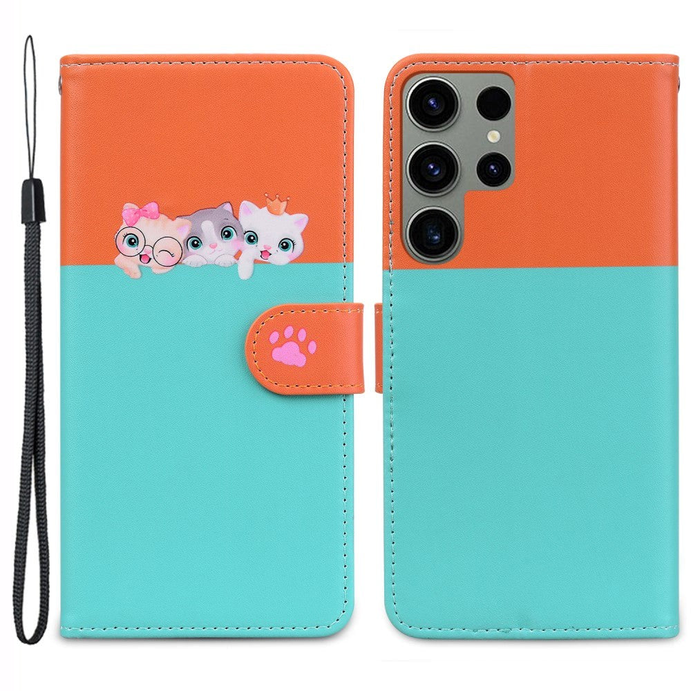Samsung Galaxy S24 Ultra Flip Mobil Cover m. Strop / Ståfunktion / Kortholder - Orange / Blå (Katte)