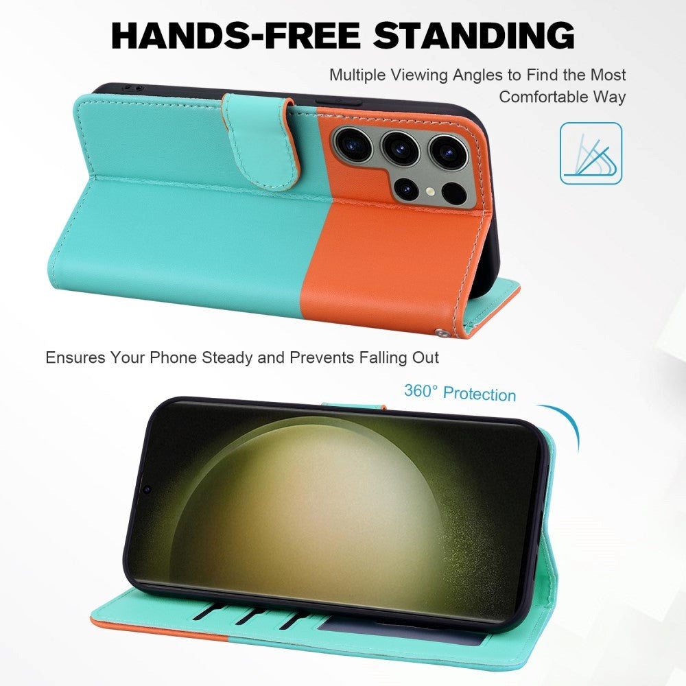 Samsung Galaxy S24 Ultra Flip Mobil Cover m. Strop / Ståfunktion / Kortholder - Orange / Blå (Katte)