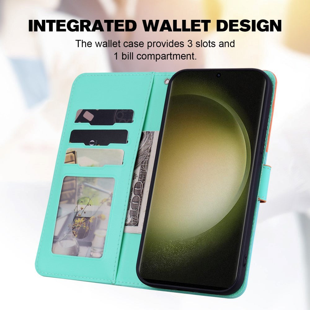 Samsung Galaxy S24 Ultra Flip Mobil Cover m. Strop / Ståfunktion / Kortholder - Orange / Blå (Katte)