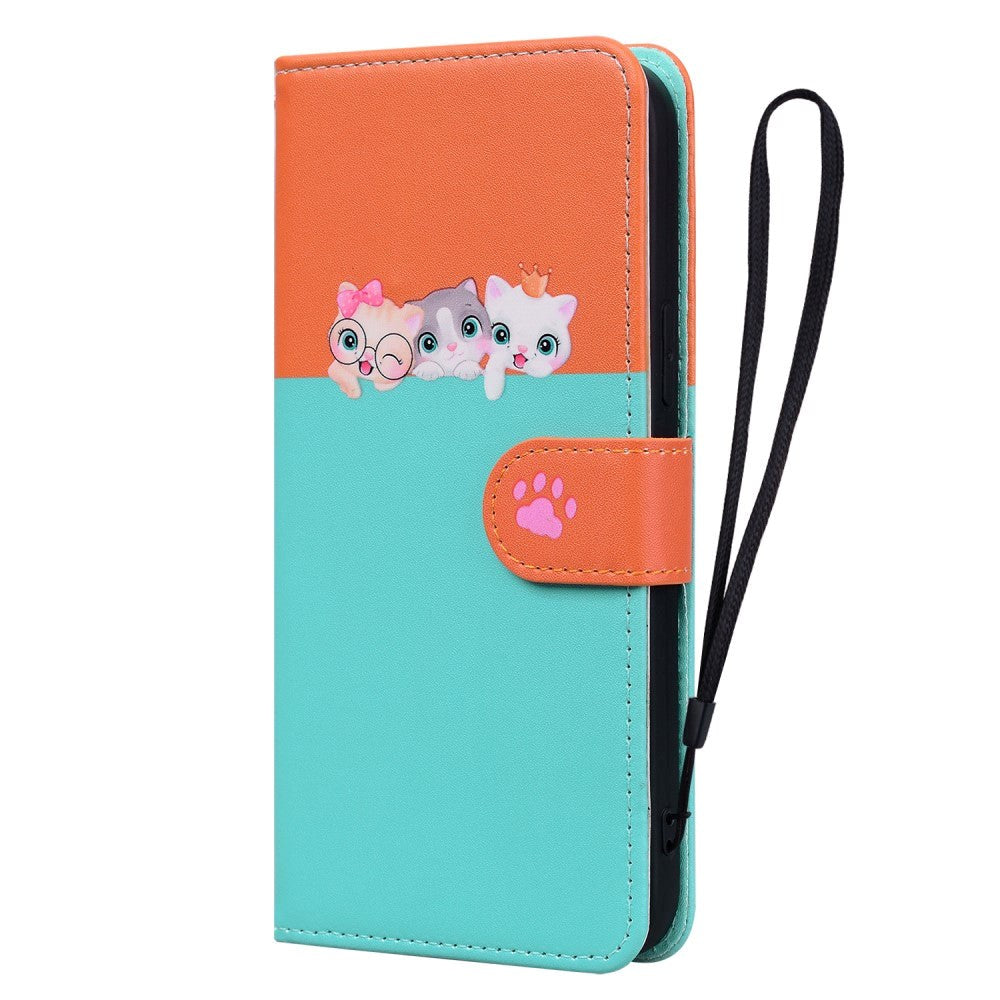 Samsung Galaxy S24 Ultra Flip Mobil Cover m. Strop / Ståfunktion / Kortholder - Orange / Blå (Katte)