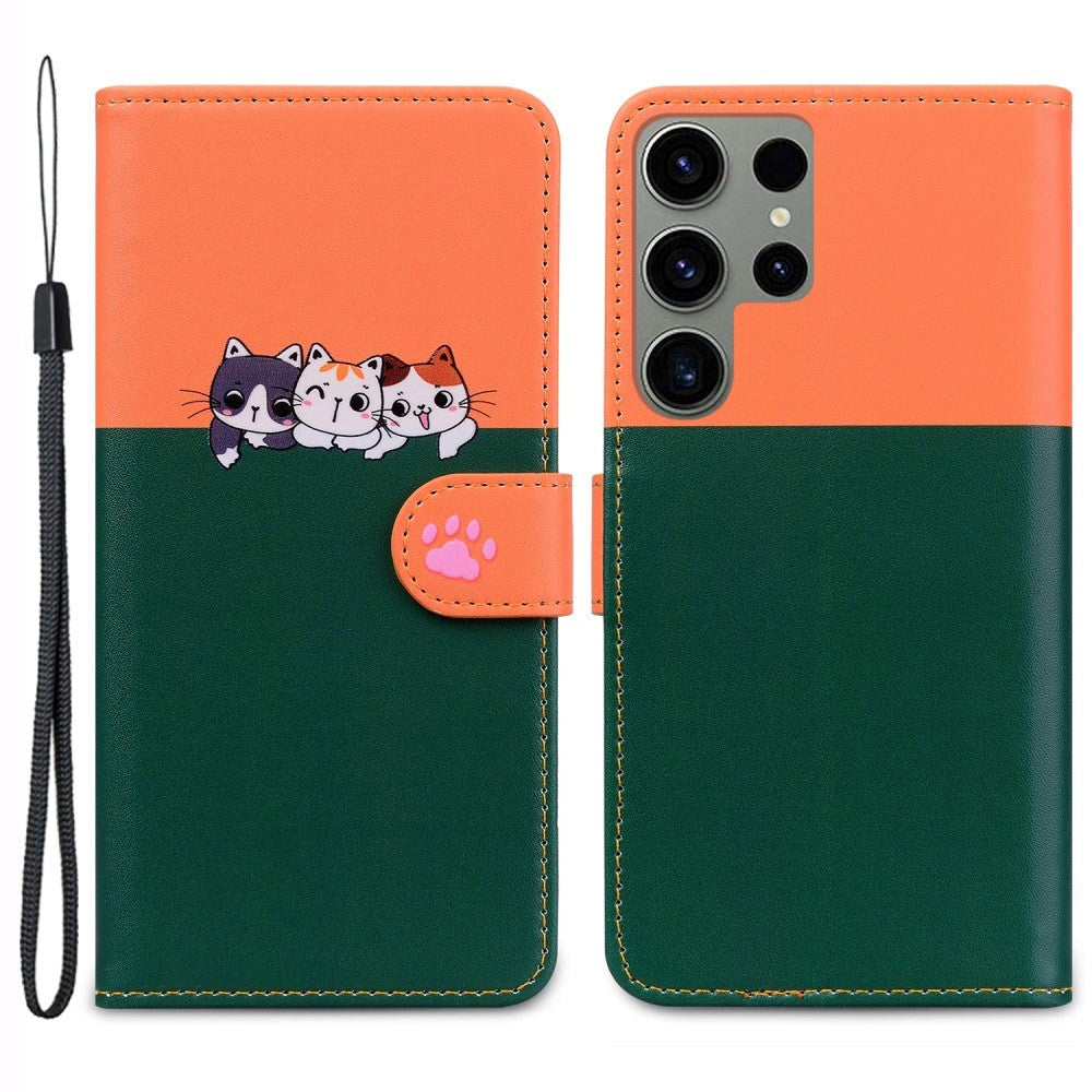Samsung Galaxy S24 Ultra Flip Mobil Cover m. Strop / Ståfunktion / Kortholder - Orange / Grøn (Katte)