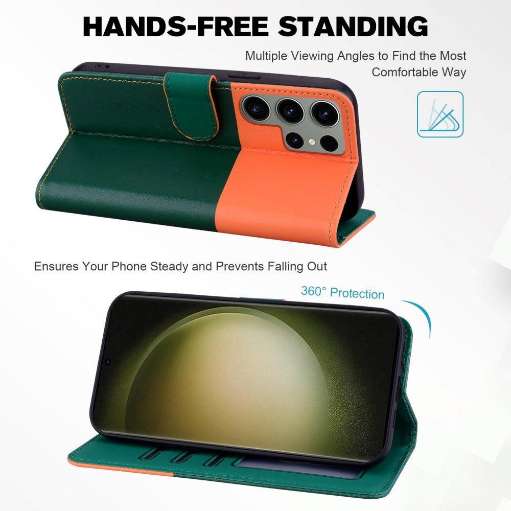 Samsung Galaxy S24 Ultra Flip Mobil Cover m. Strop / Ståfunktion / Kortholder - Orange / Grøn (Katte)