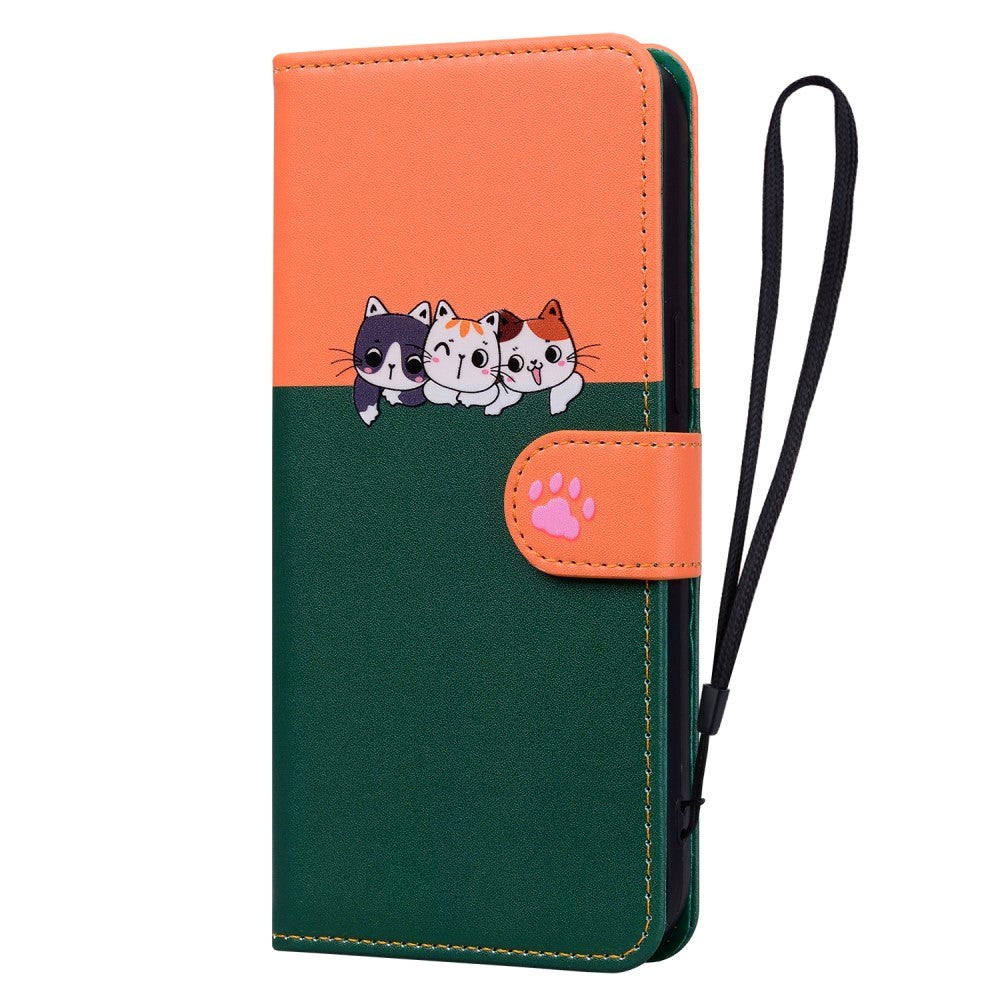 Samsung Galaxy S24 Ultra Flip Mobil Cover m. Strop / Ståfunktion / Kortholder - Orange / Grøn (Katte)