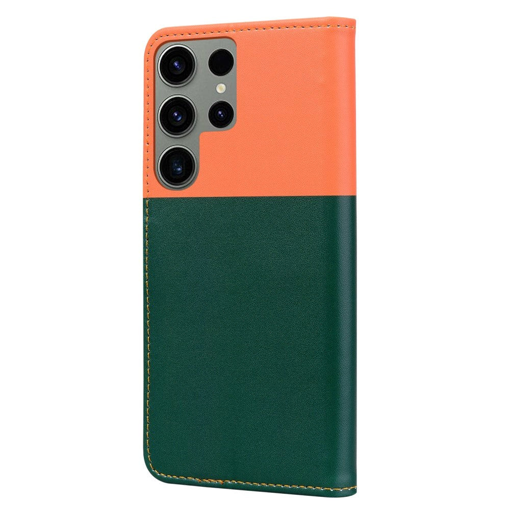 Samsung Galaxy S24 Ultra Flip Mobil Cover m. Strop / Ståfunktion / Kortholder - Orange / Grøn (Katte)