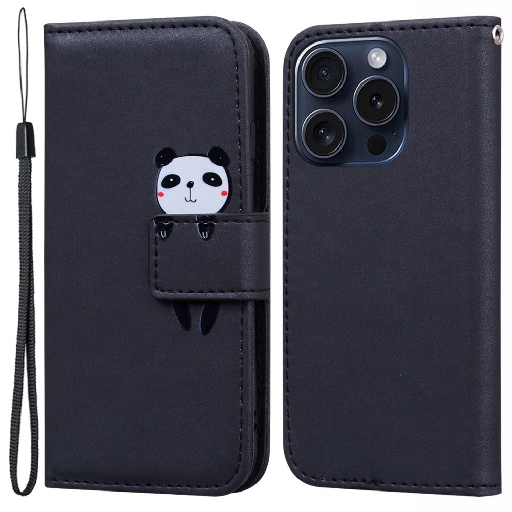 iPhone 15 Pro Flip Mobil Cover m. Strop / Ståfunktion / Kortholder - Sort (Panda)