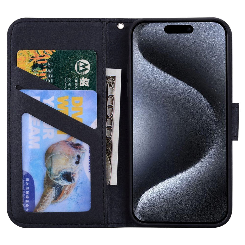 iPhone 15 Pro Flip Mobil Cover m. Strop / Ståfunktion / Kortholder - Sort (Panda)