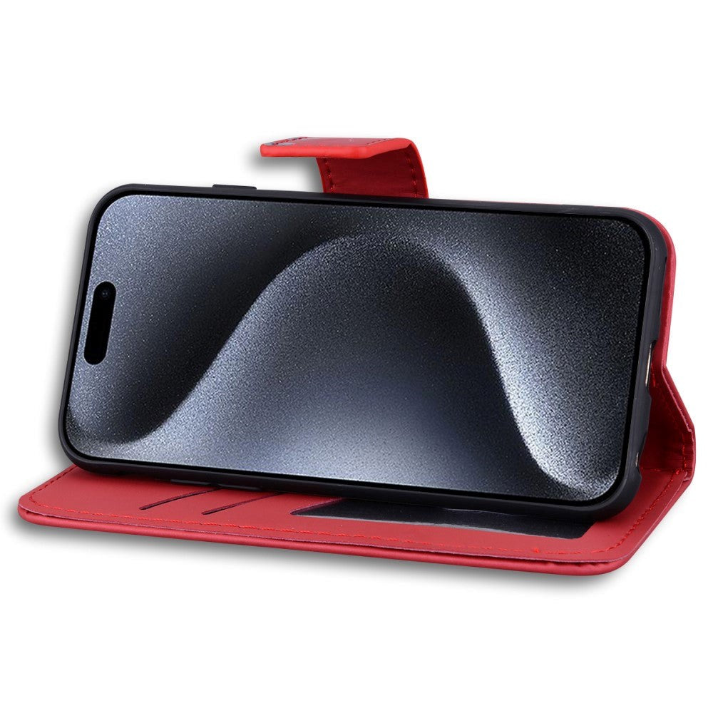 iPhone 15 Pro Flip Mobil Cover m. Strop / Ståfunktion / Kortholder - Rød (Kat)