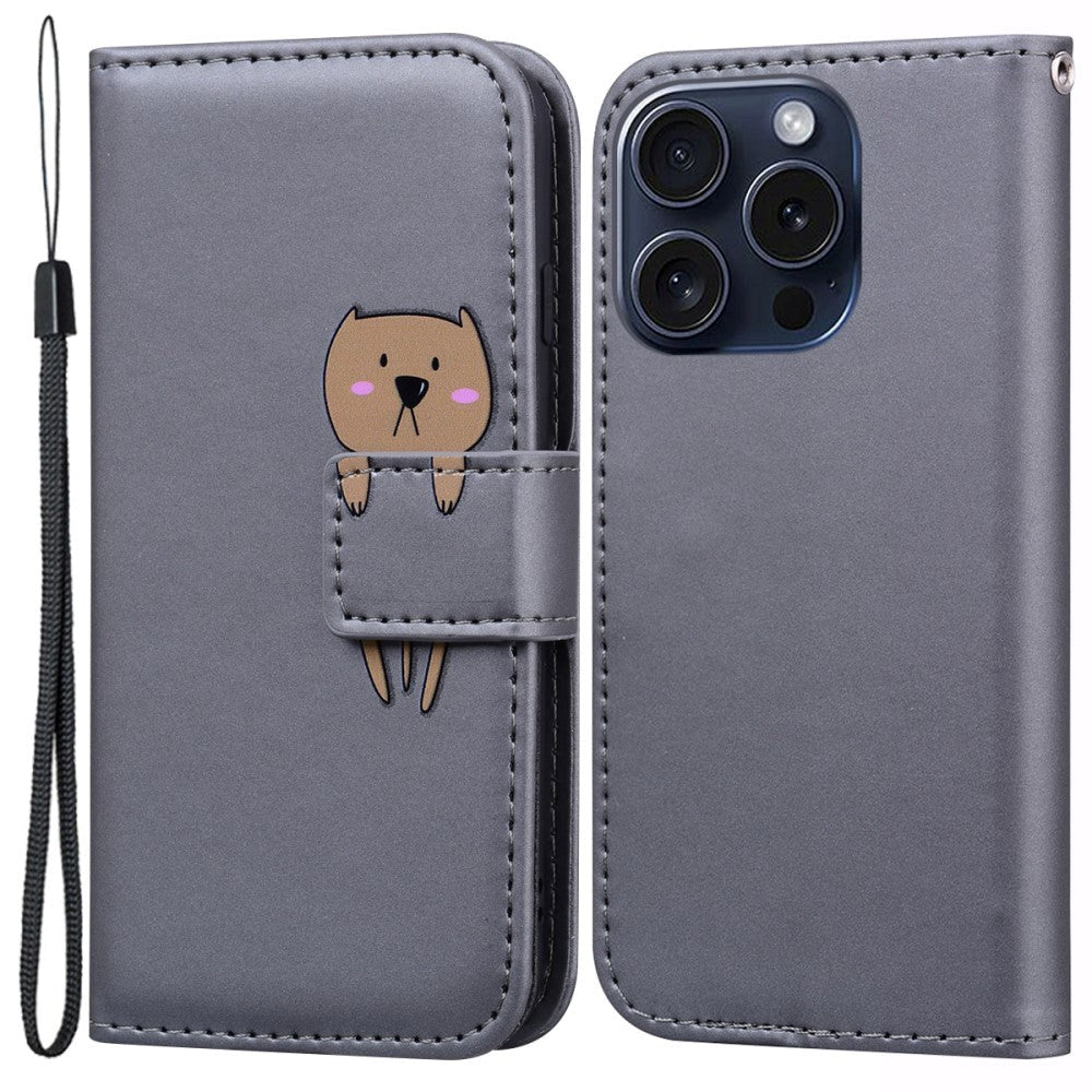 iPhone 15 Pro Flip Mobil Cover m. Strop / Ståfunktion / Kortholder - Grå (Hund)