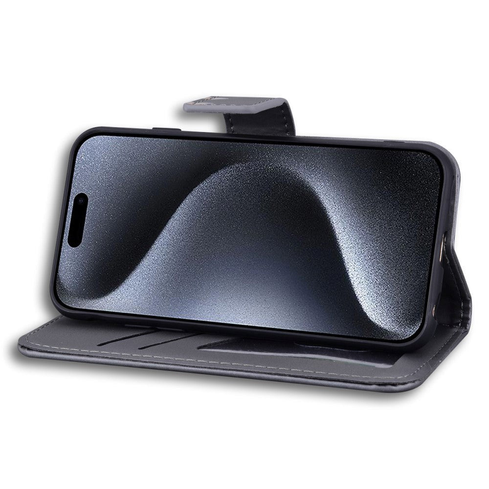 iPhone 15 Pro Flip Mobil Cover m. Strop / Ståfunktion / Kortholder - Grå (Hund)