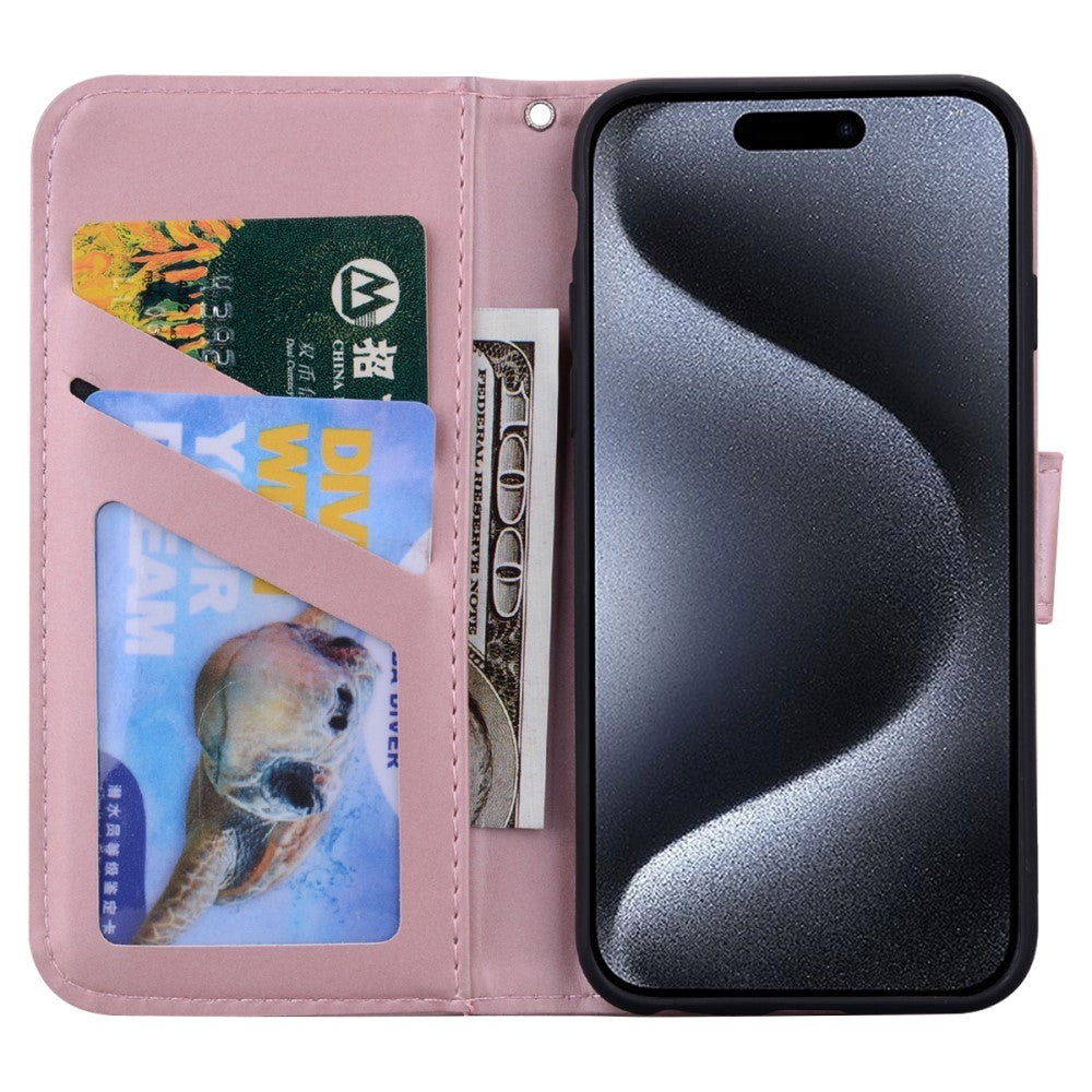 iPhone 15 Pro Flip Mobil Cover m. Strop / Ståfunktion / Kortholder - Pink (Kanin)