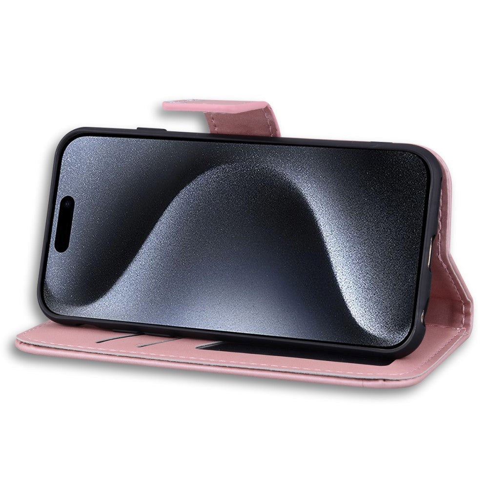 iPhone 15 Pro Flip Mobil Cover m. Strop / Ståfunktion / Kortholder - Pink (Kanin)