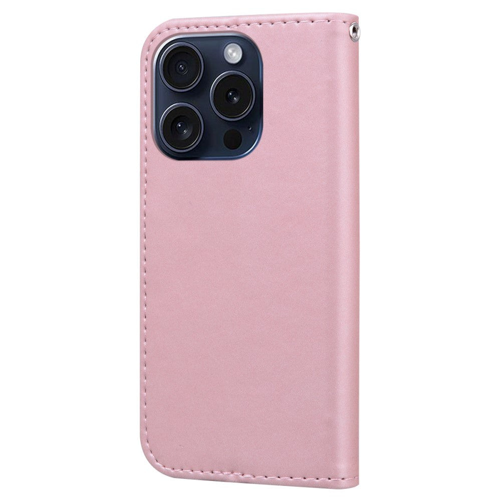iPhone 15 Pro Flip Mobil Cover m. Strop / Ståfunktion / Kortholder - Pink (Kanin)