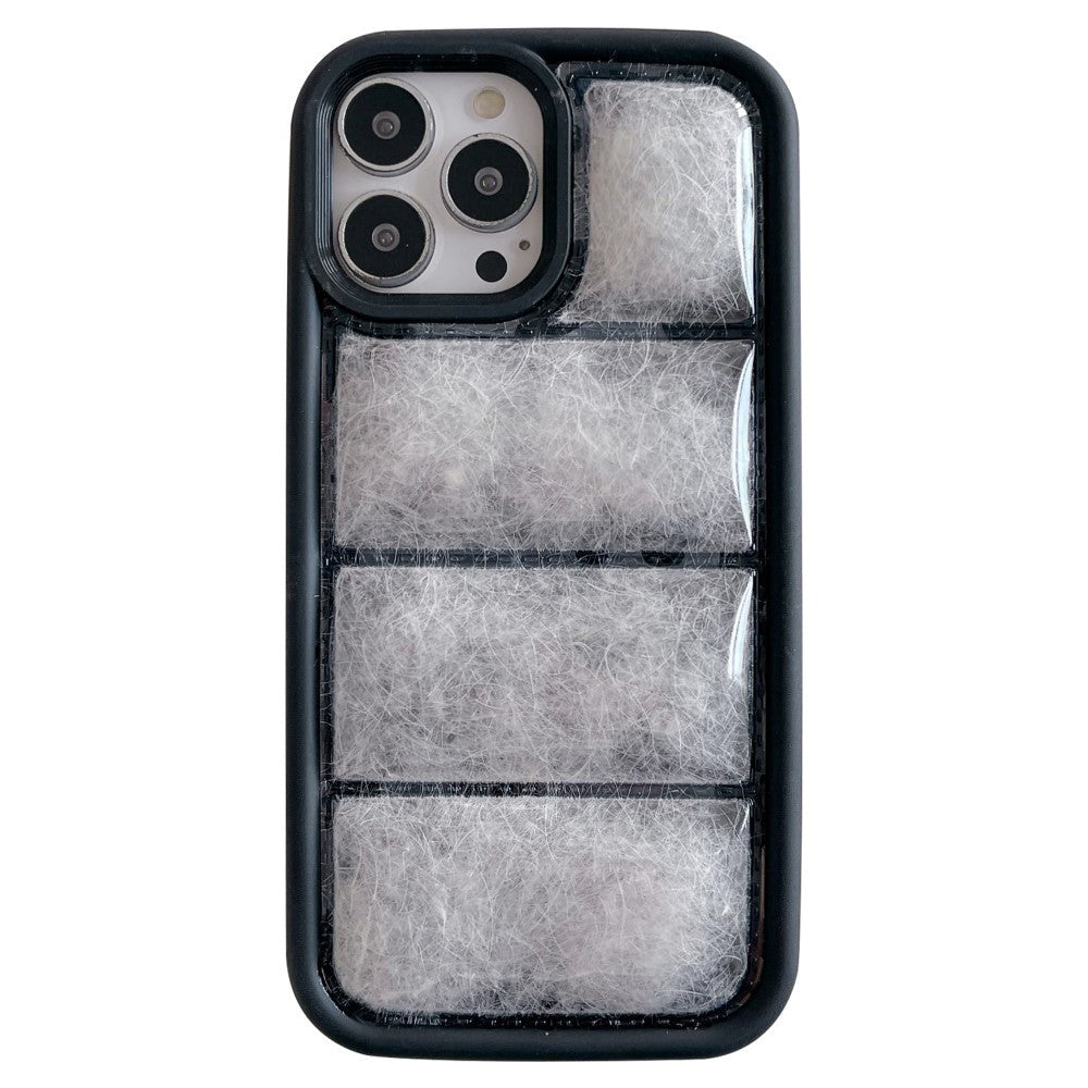 iPhone 15 Pro Fleksibelt Plastik Mobil Cover m. Dunjakke Tekstur - Sort / Hvid