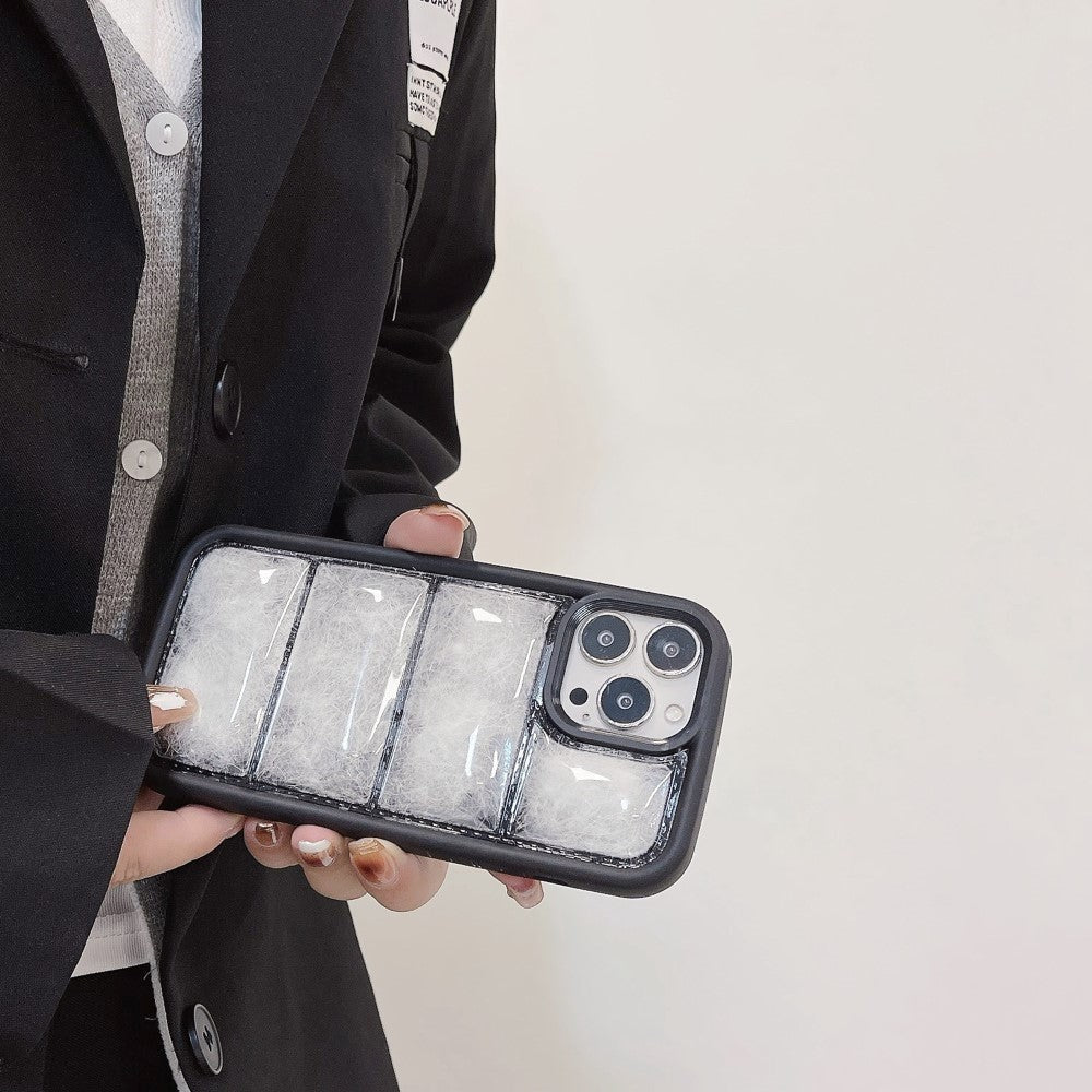 iPhone 15 Pro Fleksibelt Plastik Mobil Cover m. Dunjakke Tekstur - Sort / Hvid