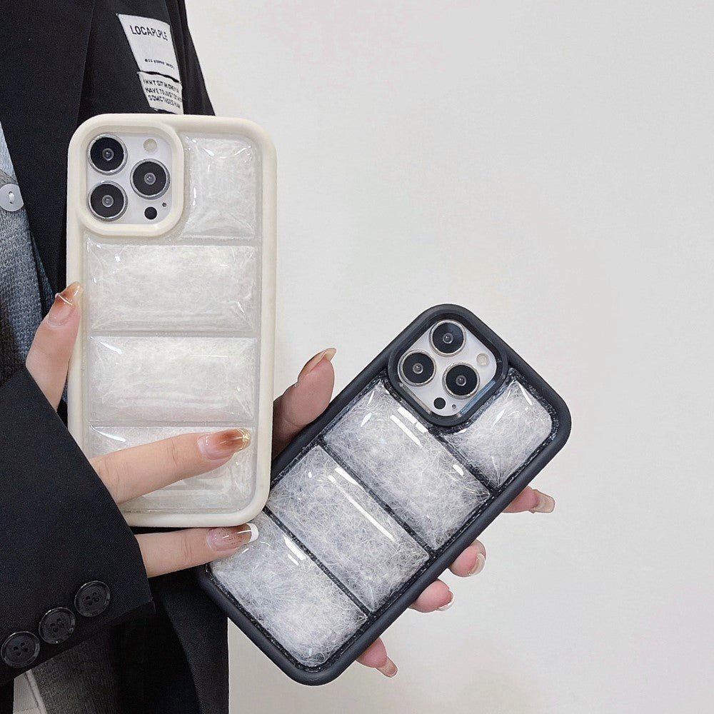 iPhone 15 Pro Fleksibelt Plastik Mobil Cover m. Dunjakke Tekstur - Sort / Hvid