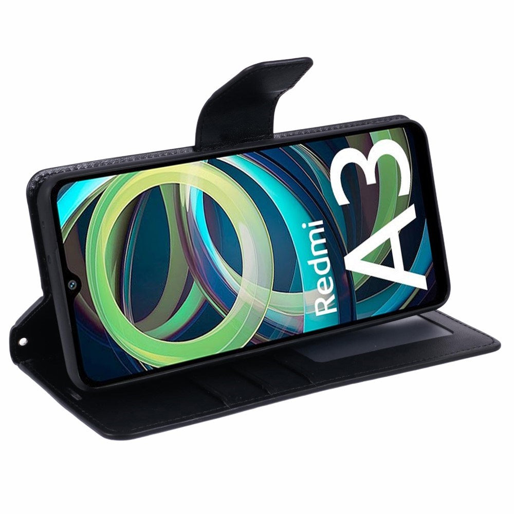 Xiaomi Redmi A3 Kunstlæder Mobil Cover m. Pung & Ståfunktion - Sort