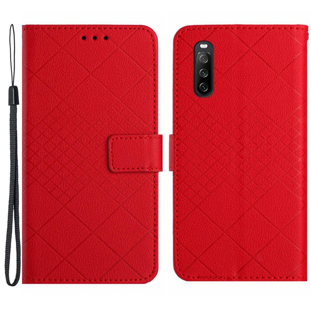 EIDERWOOD Sony Xperia 10 VI Læder Mobil Cover m. Pung & Strop - Rombe Indgravering - Rød