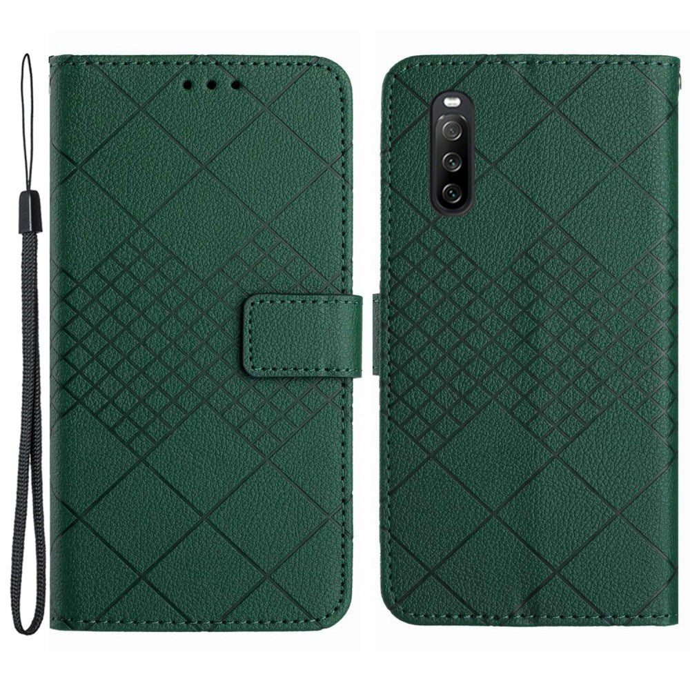 EIDERWOOD Sony Xperia 10 VI Læder Mobil Cover m. Pung & Strop - Rombe Indgravering - Grøn