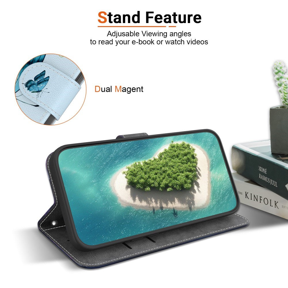 EIDERWOOD iPhone 16e Kunst Læder Mobil Cover m. Pung & Strop - Blå Sommerfugl