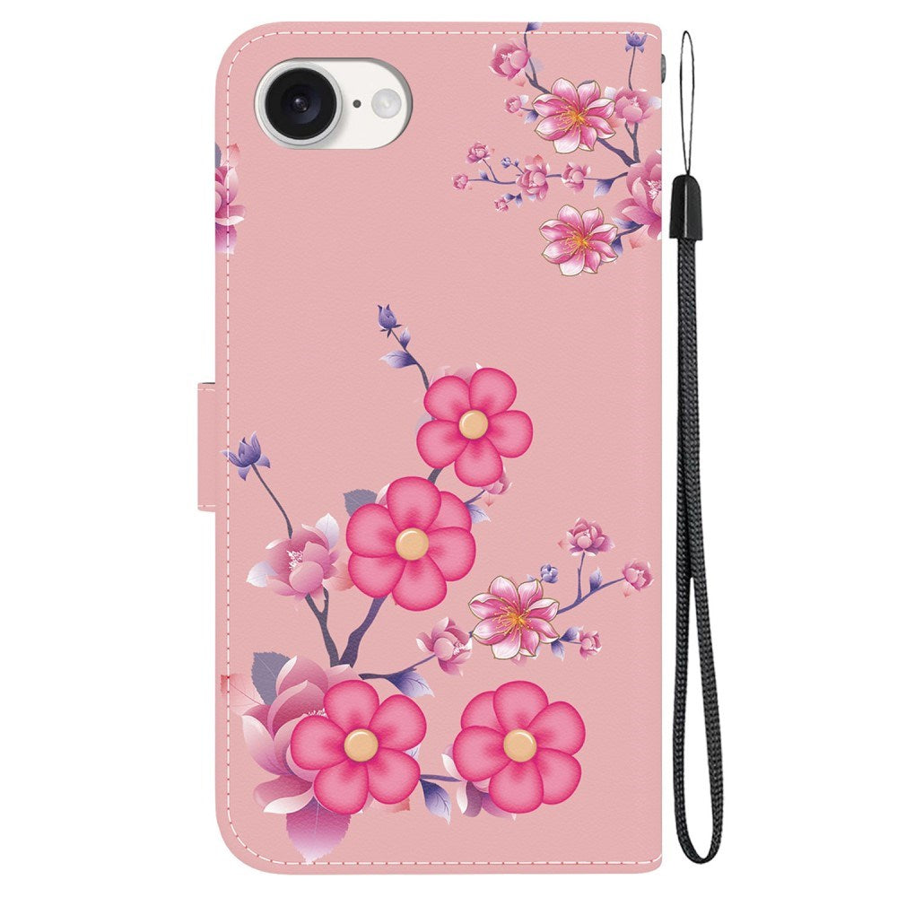 EIDERWOOD iPhone 17e / 16e Kunst Læder Mobil Cover m. Pung & Strop - Lyserød med Blomster