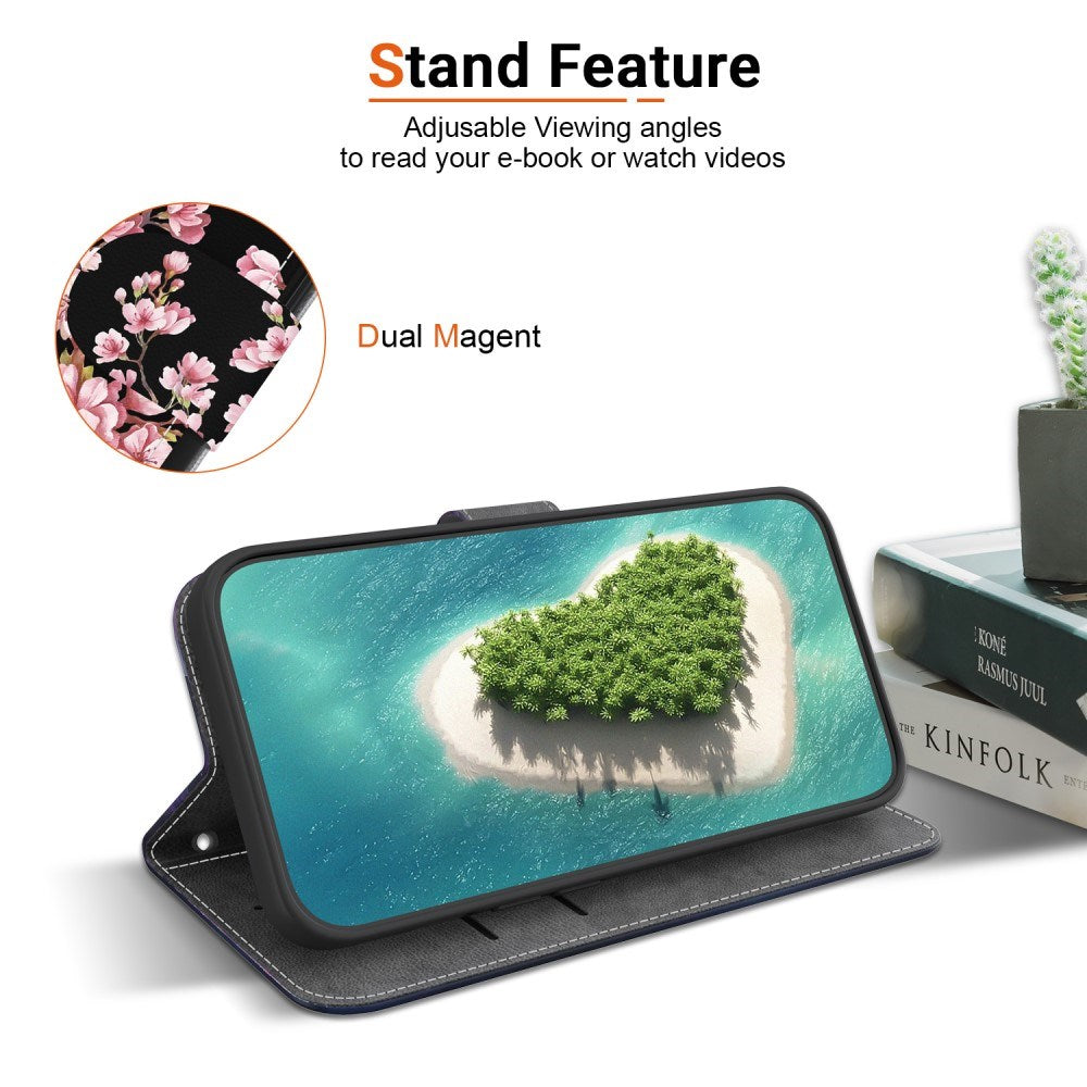 EIDERWOOD iPhone 16e Kunst Læder Mobil Cover m. Pung & Strop - Sort med Blomster