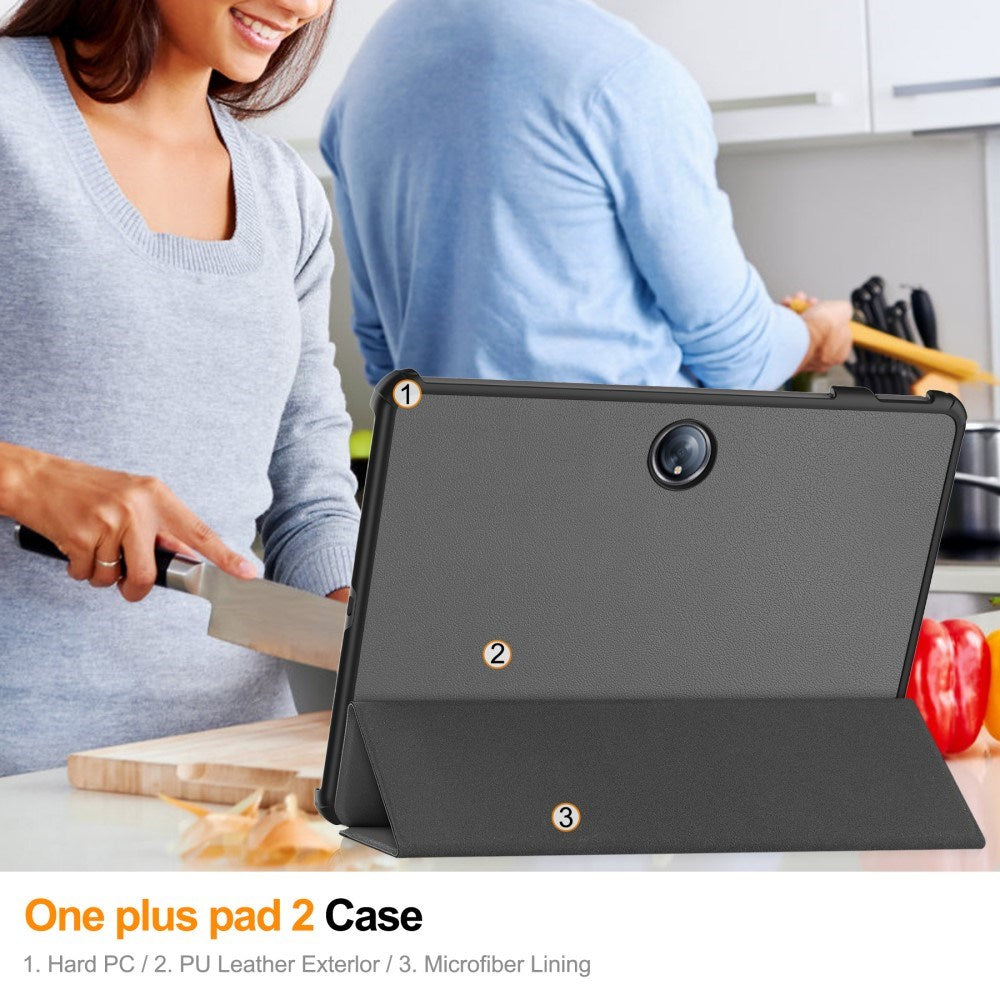 OnePlus Pad 2 Tri-Fold Læder Tablet Cover m. Vågeblus Funktion - Grå
