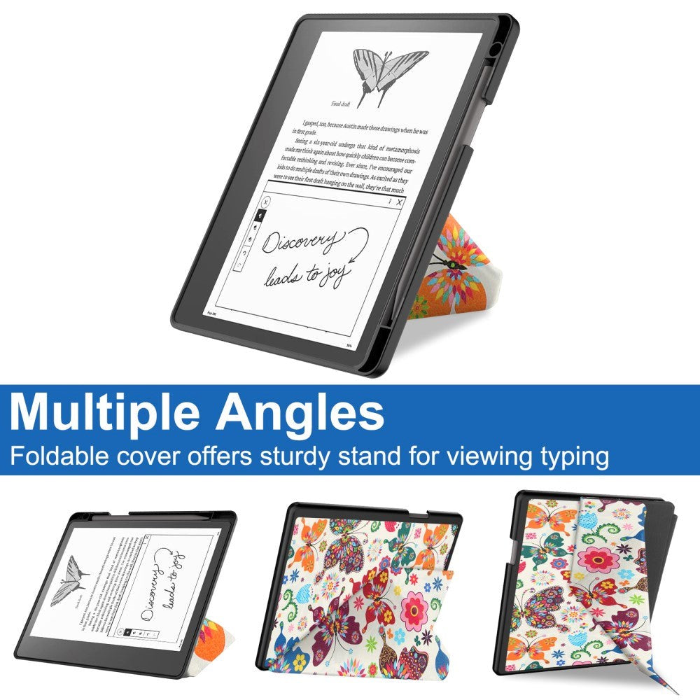 Amazon Kindle Scribe 11th Generation (2022) Læder Origami Cover m. Pen Holder - Farverige Sommerfugle