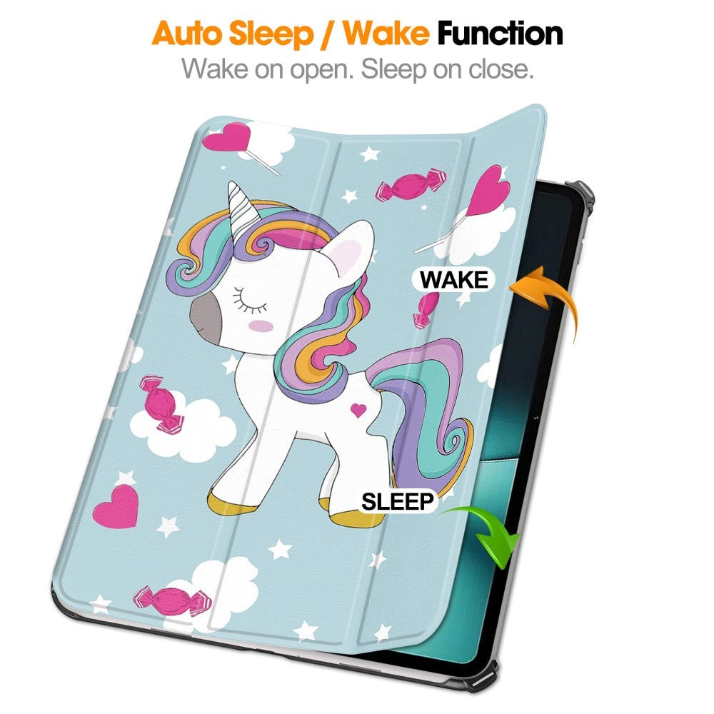 OnePlus Pad / Oppo Pad 2 Læder Tablet Cover m. Tri-fold Stand & Vågeblus Funktion - Enhjørning