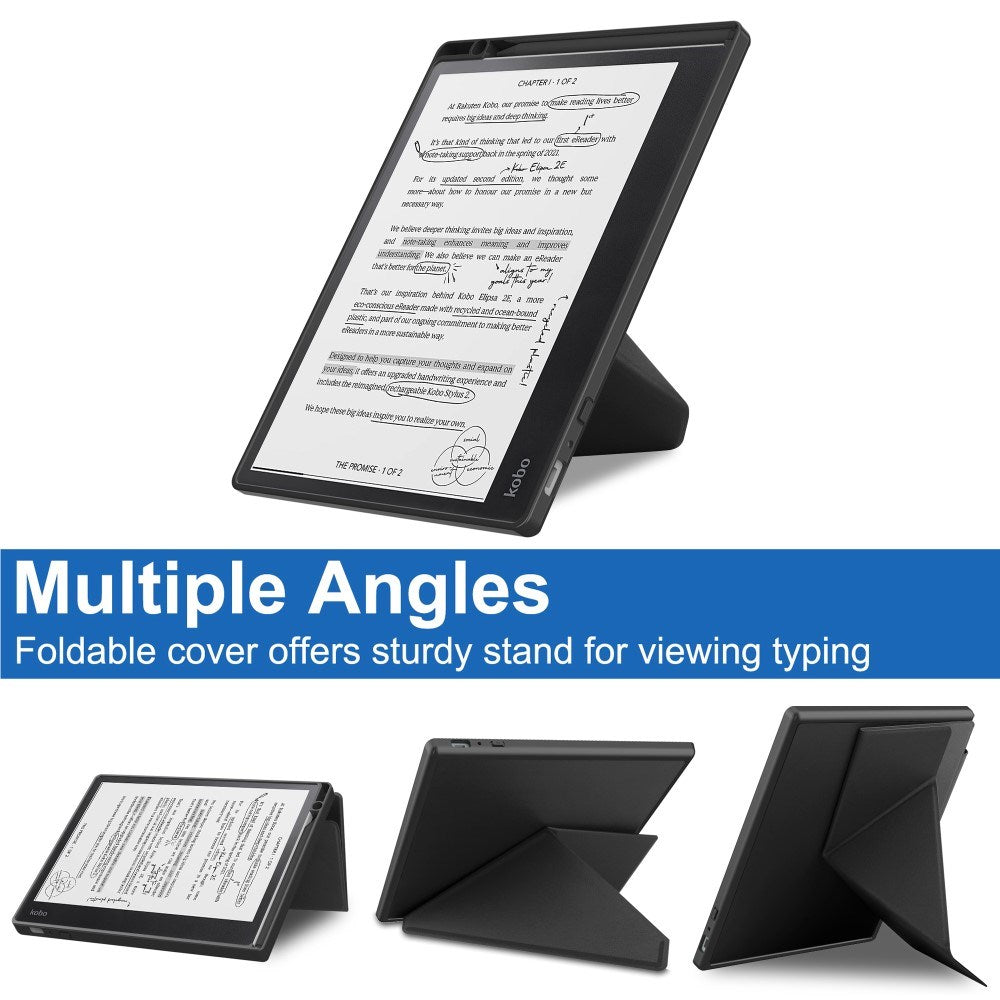 EIDERWOOD Kobo Elipsa 2E Origami Kunstlæder Tablet Cover m. Pen Holder - Sort