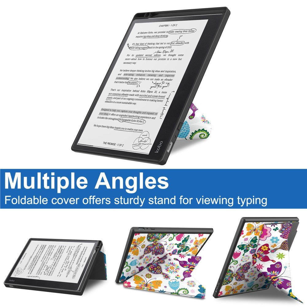 EIDERWOOD Kobo Elipsa 2E Origami Læder Tablet Cover m. Pen Holder - Farverige Sommerfugle og Blomster