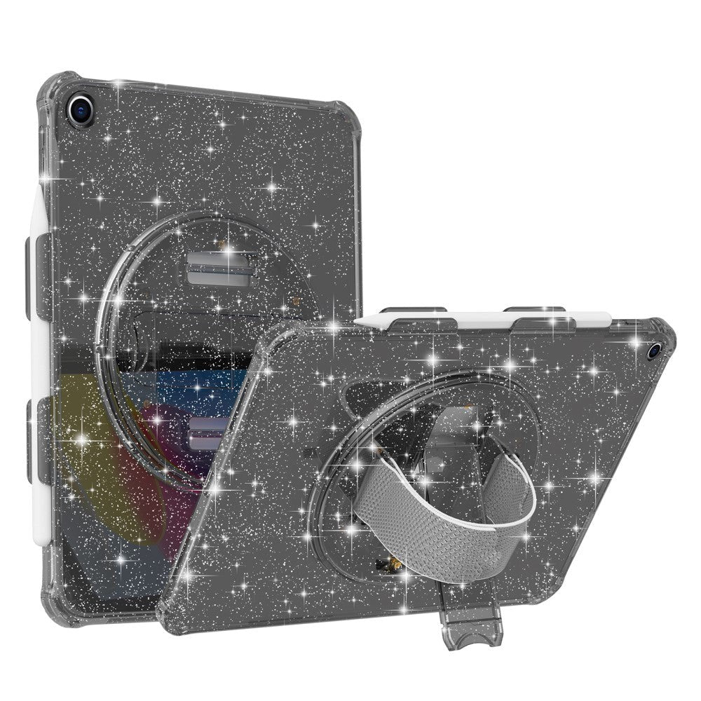iPad 10.2" (2021 / 2020 / 2019) Hårdt Plastik Tablet Cover m. Håndholder, Kickstand & Skulderstrop - Gennemsigtig / Glitter Sort