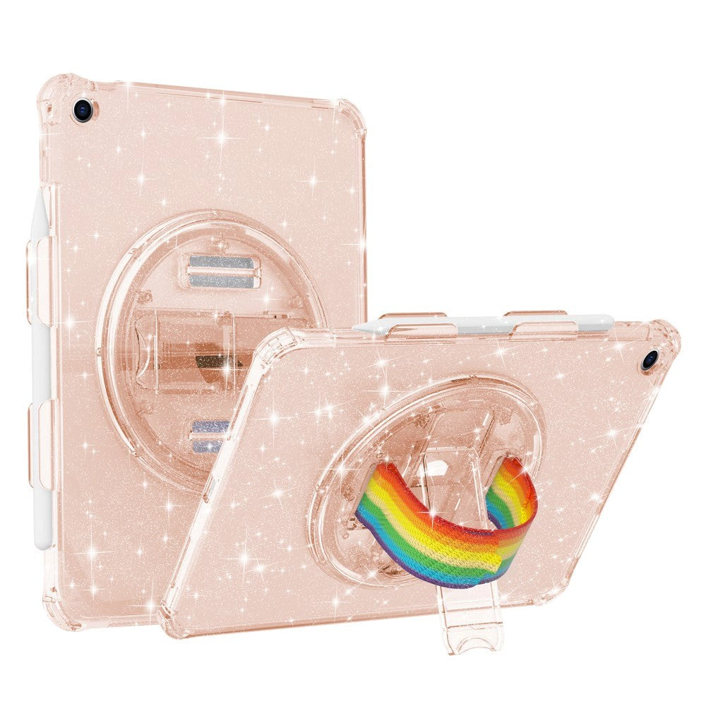 iPad 10.2" (2021 / 2020 / 2019) Hårdt Plastik Tablet Cover m. Håndholder, Kickstand & Skulderstrop - Gennemsigtig / Glitter Guld