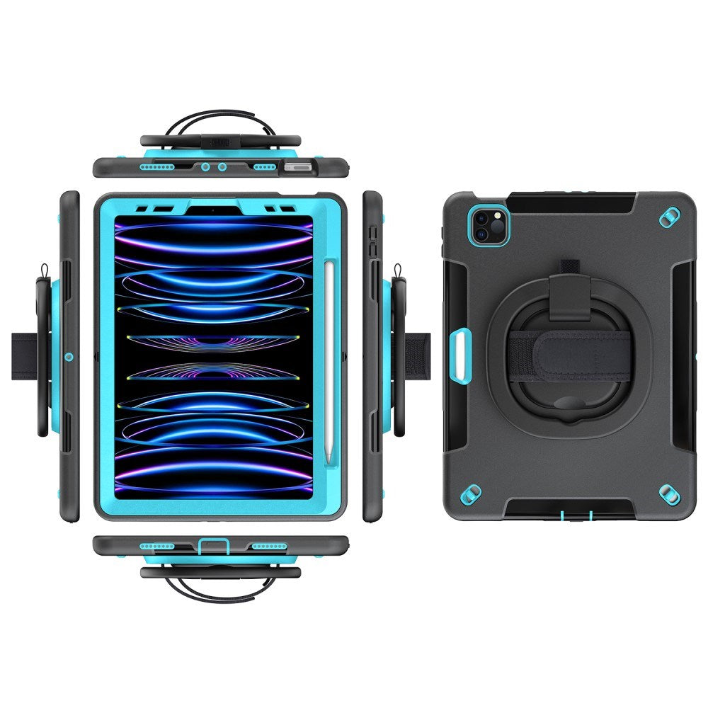 iPad Air 10.9-11" (2025-2020) / Pro 11" (2022-2018) EIDERWOOD Håndværker Cover med Beskyttelsesfilm, Apple Pencil Holder & Håndholder - Sort / Lyseblå