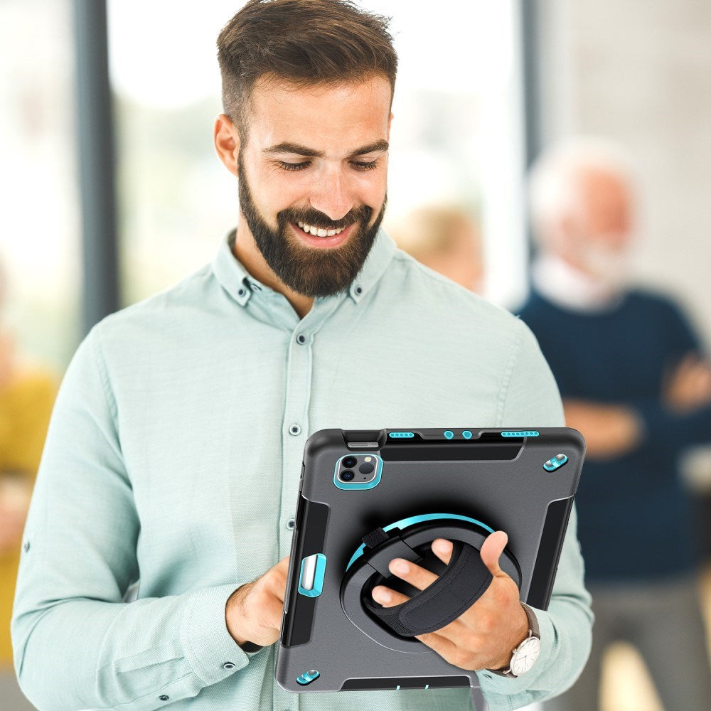 iPad Air 10.9-11" (2025-2020) / Pro 11" (2022-2018) EIDERWOOD Håndværker Cover med Beskyttelsesfilm, Apple Pencil Holder & Håndholder - Sort / Lyseblå