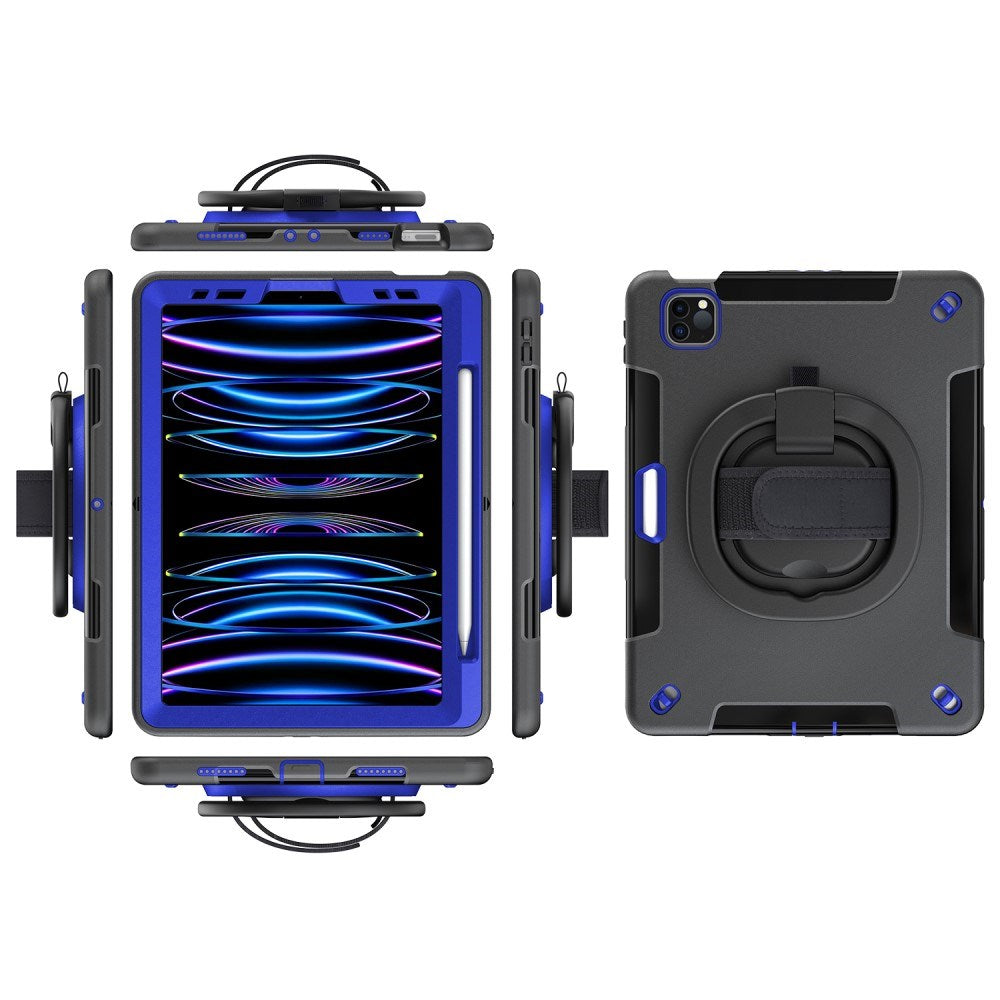 iPad Air 10.9-11" (2025-2020) / Pro 11" (2022-2018) EIDERWOOD Håndværker Cover med Beskyttelsesfilm, Apple Pencil Holder & Håndholder - Sort / Koboltblå