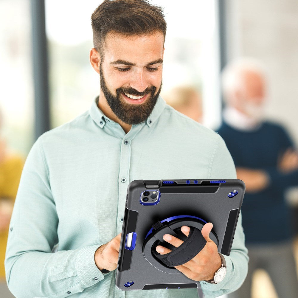 iPad Air 10.9-11" (2025-2020) / Pro 11" (2022-2018) EIDERWOOD Håndværker Cover med Beskyttelsesfilm, Apple Pencil Holder & Håndholder - Sort / Koboltblå