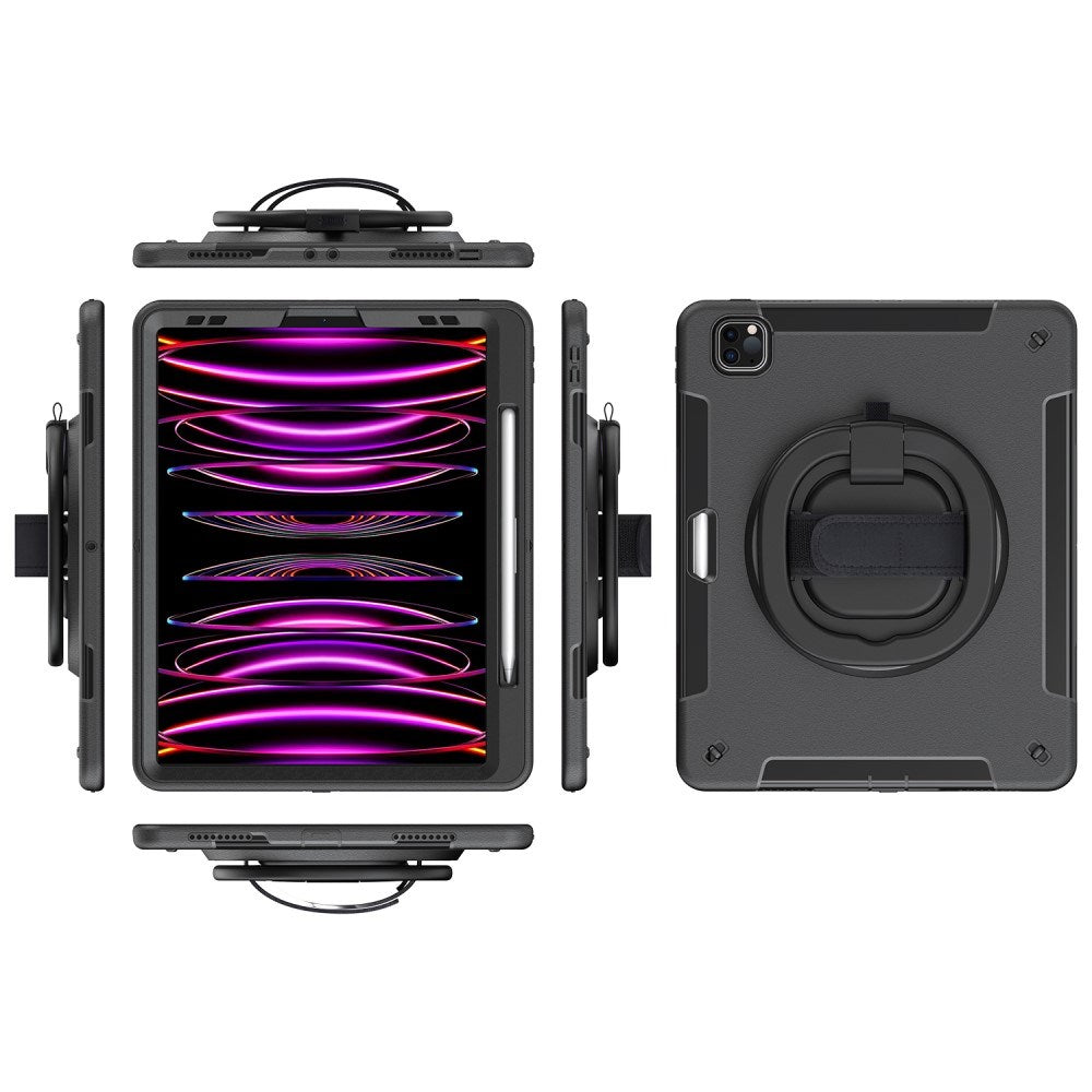 iPad Air 13" (2025 / 2024) / Pro 12.9" (2022 / 2021 / 2020 / 2018) EIDERWOOD Håndværker Cover med Beskyttelsesfilm, Apple Pencil Holder & Skulderstrop - Sort